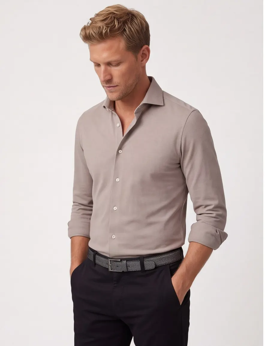 Cavallaro overhemd beige jersey wide spread boord
