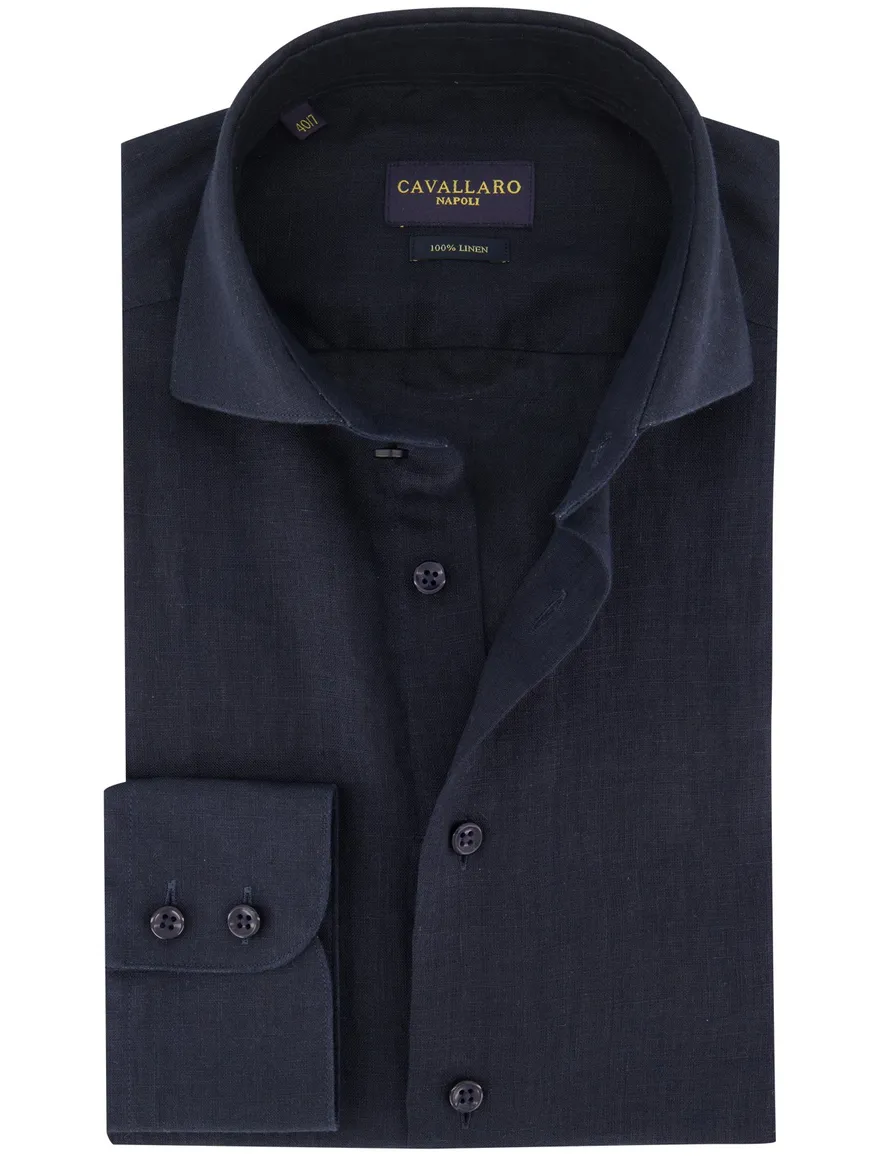 Cavallaro overhemd navy slim fit linnen mouwlengte 7