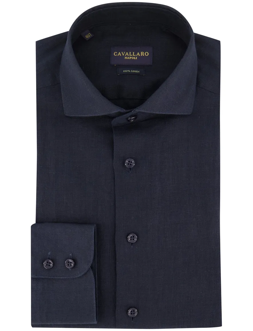 Cavallaro overhemd navy slim fit linnen mouwlengte 7