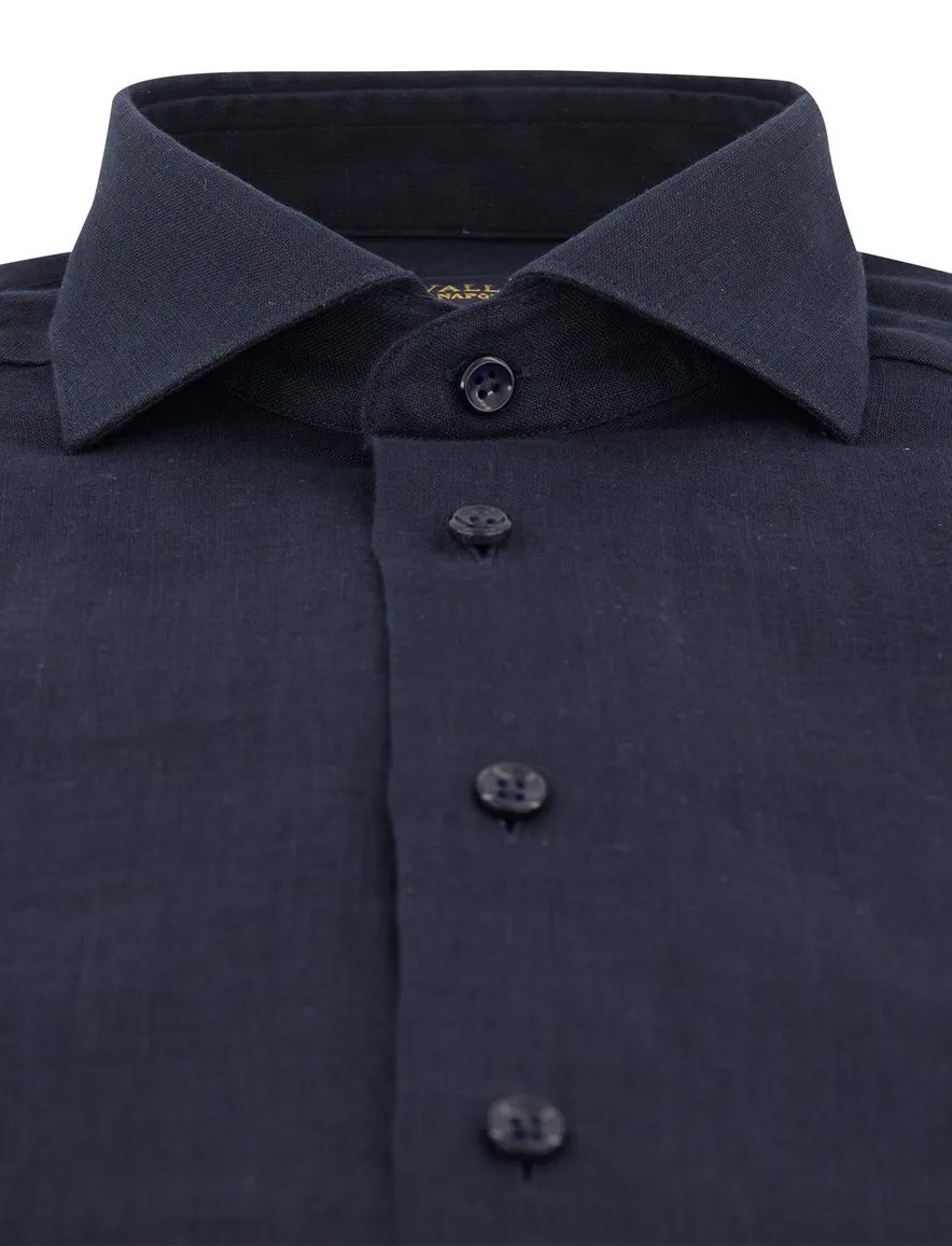 Cavallaro overhemd navy slim fit linnen mouwlengte 7