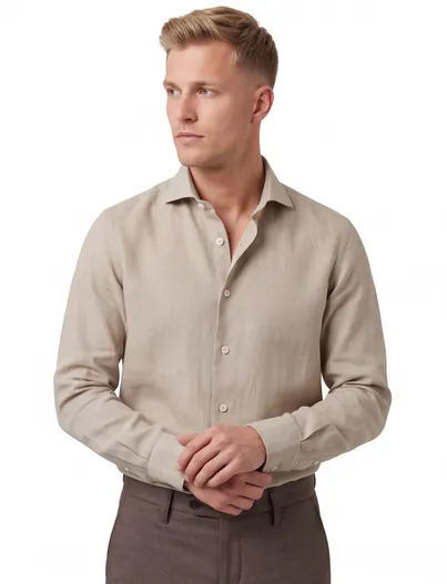 Cavallaro Slim fit overhemd cavallaro linnen beige mouwlengte 7