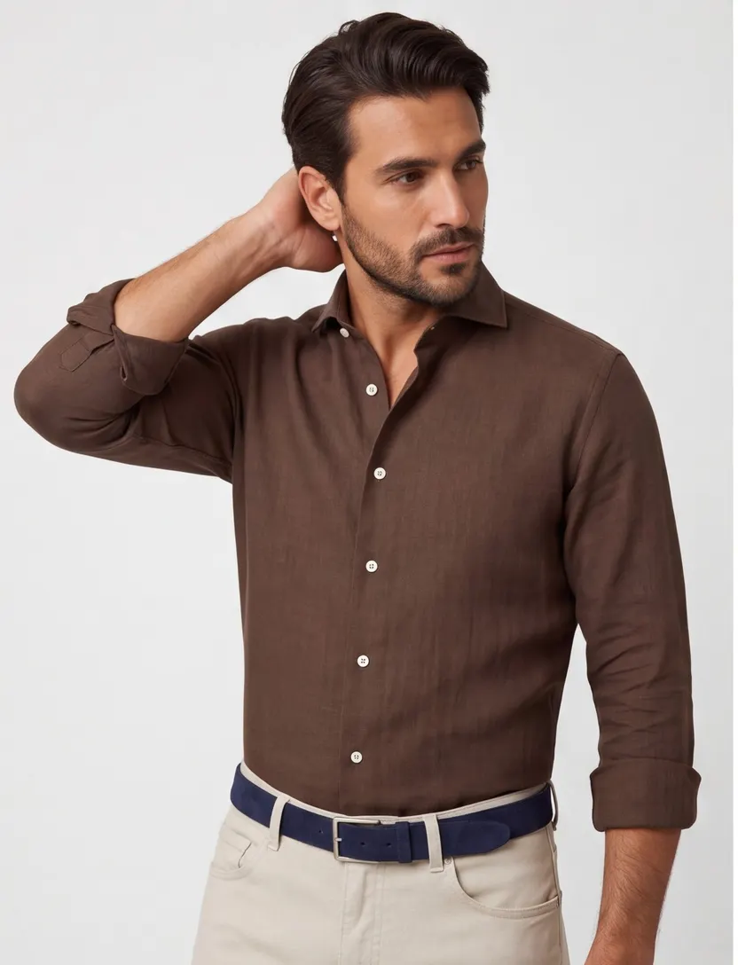 Overhemd cavallaro linnen bruin slim fit lange mouw
