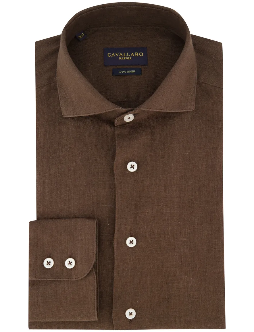 Linnen bruin overhemd slim fit cavallaro mouwlengte 7