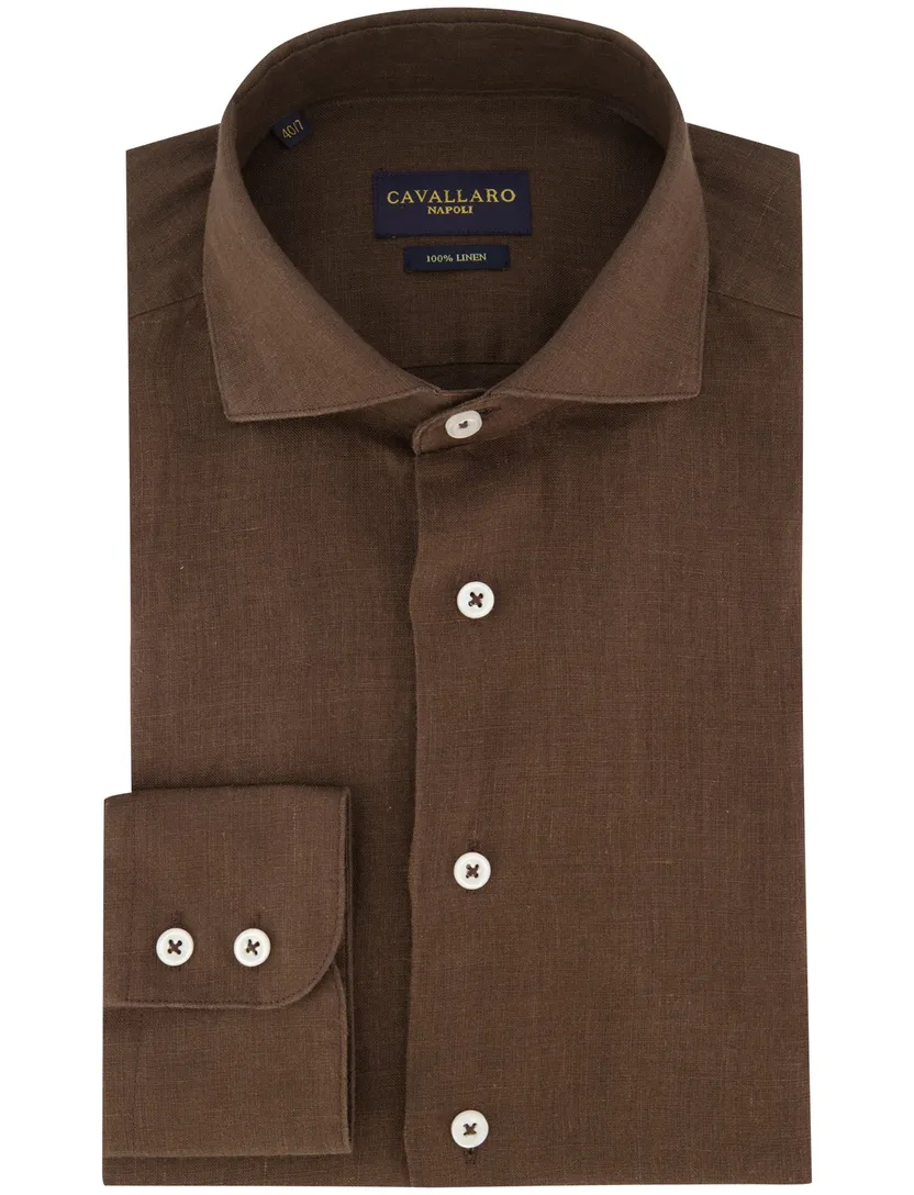 Overhemd cavallaro linnen bruin slim fit lange mouw