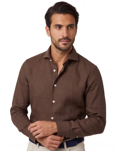 Cavallaro Overhemd cavallaro linnen bruin slim fit lange mouw