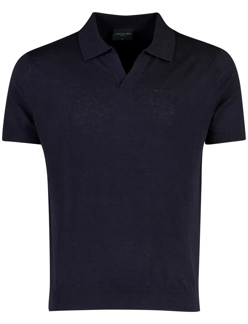 Poloshirt Cavallaro donkerblauw linnen v-hals