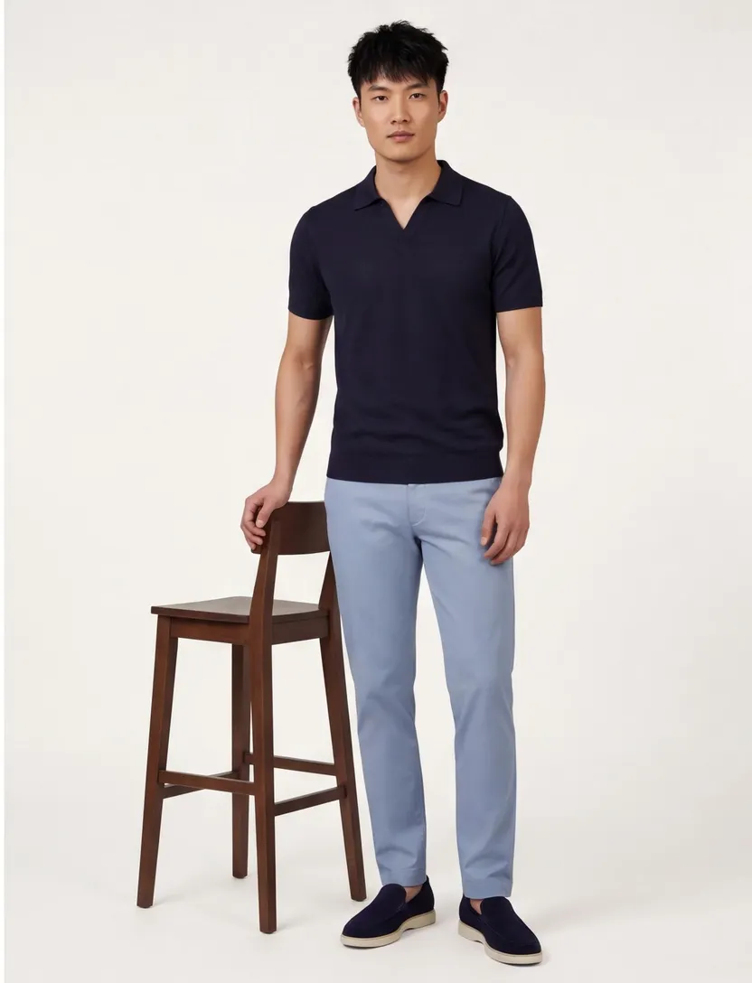 Poloshirt Cavallaro donkerblauw linnen v-hals