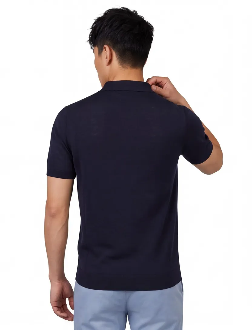 Poloshirt Cavallaro donkerblauw linnen v-hals
