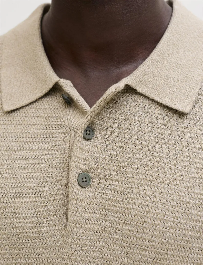 Beige polo Jack & Jones gebreid big & tall 3 knoops katoen