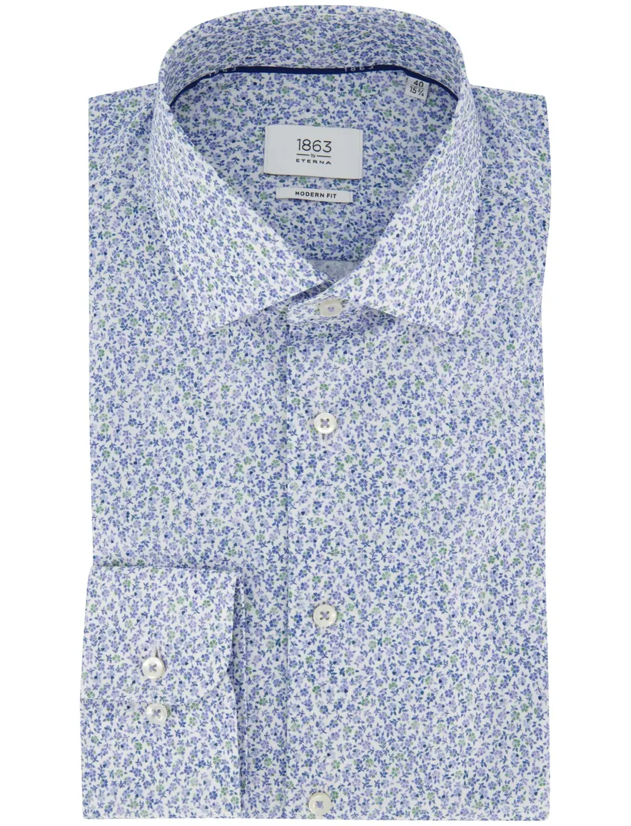 Overhemd Eterna 1863 Modern Fit blauw bloemen geprint