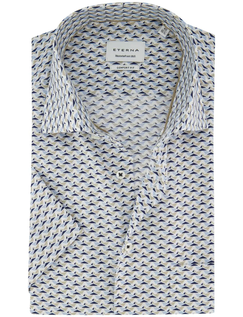 Blauw beige geprint overhemd Eterna Comfort Fit strijkvrij