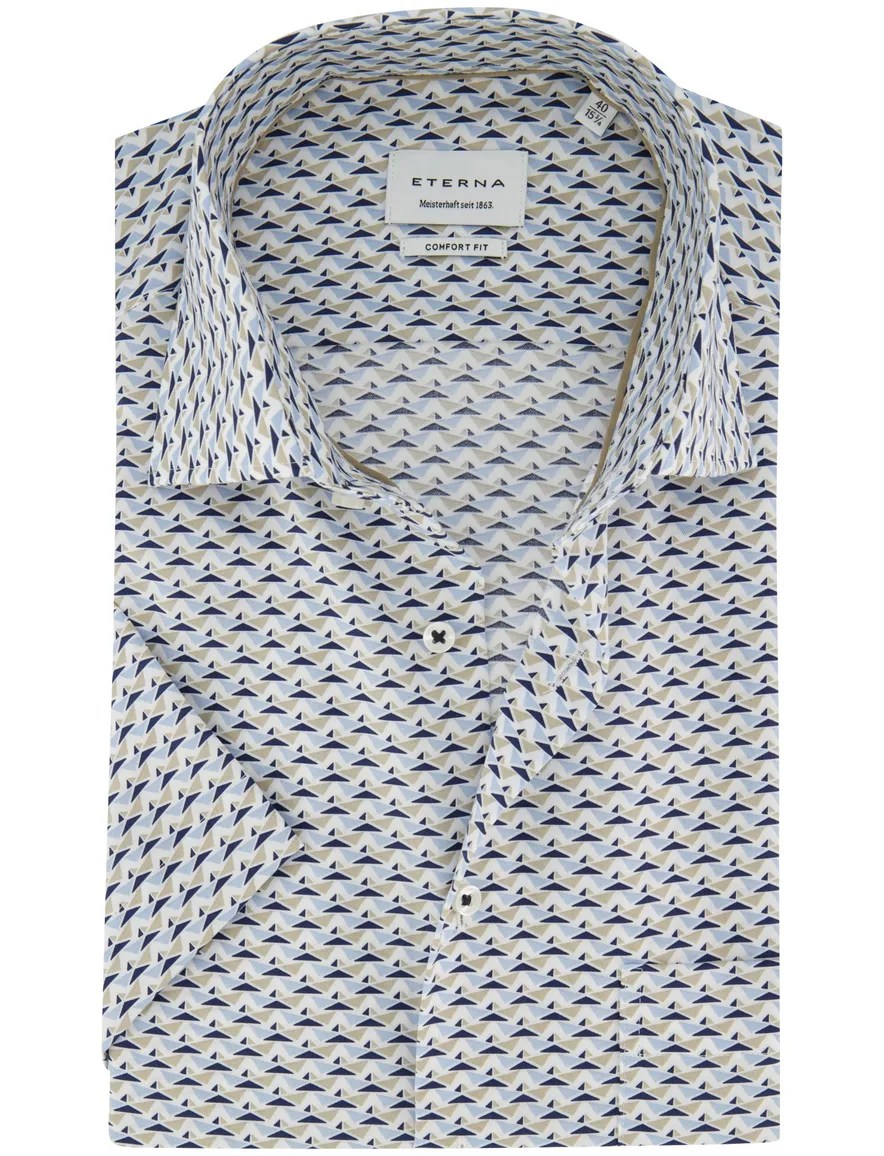 Overhemd Eterna Comfort Fit korte mouw blauw beige geprint