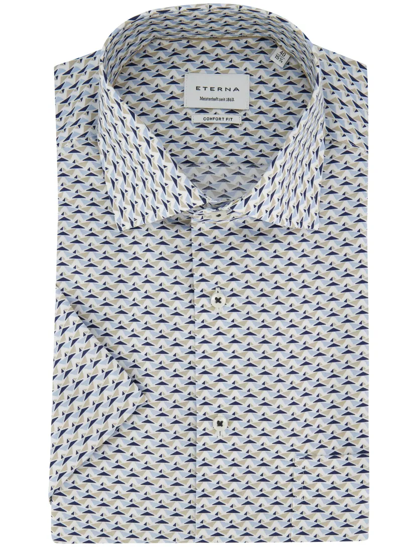 Blauw beige geprint overhemd Eterna Comfort Fit strijkvrij