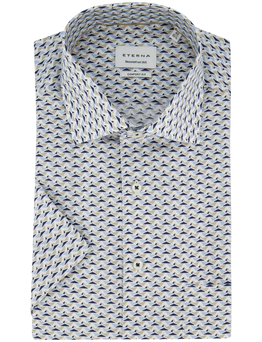 Overhemd Eterna Comfort Fit korte mouw blauw beige geprint