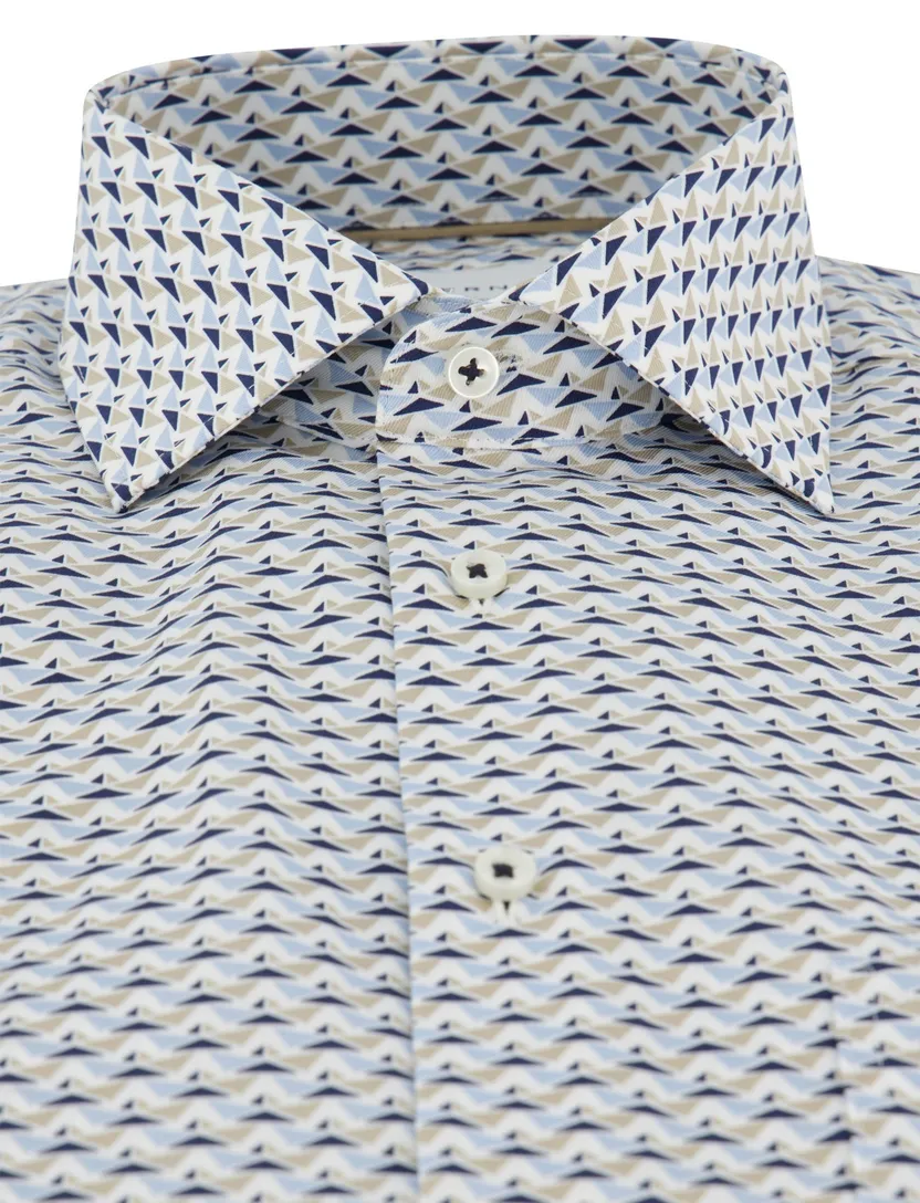 Blauw beige geprint overhemd Eterna Comfort Fit strijkvrij