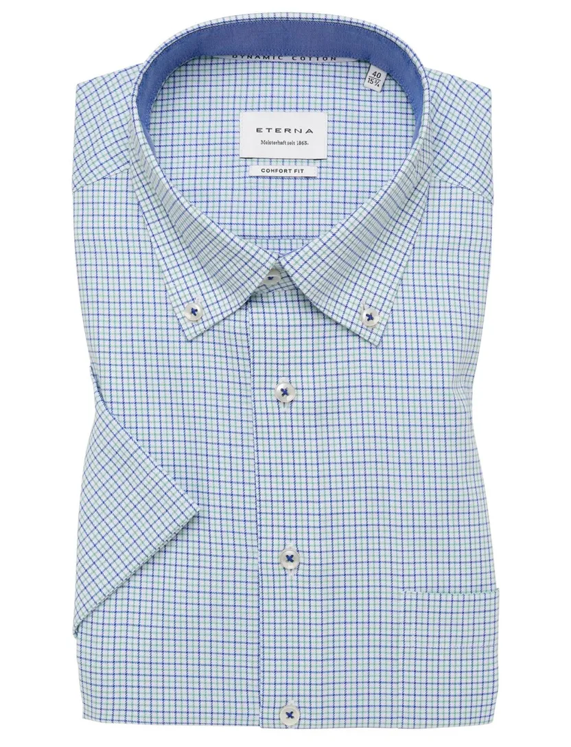 Overhemd blauw groen geruit Eterna Comfort Fit button down
