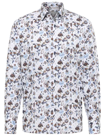 Eterna Overhemd bruin blauw geprint Eterna Comfort Fit geprint bloemen