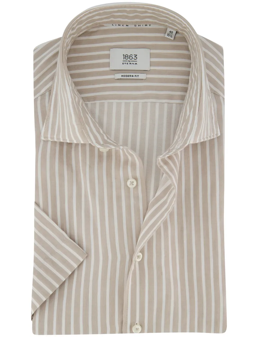 Katoen linnen overhemd beige gestreept Eterna 1863 Modern Fit