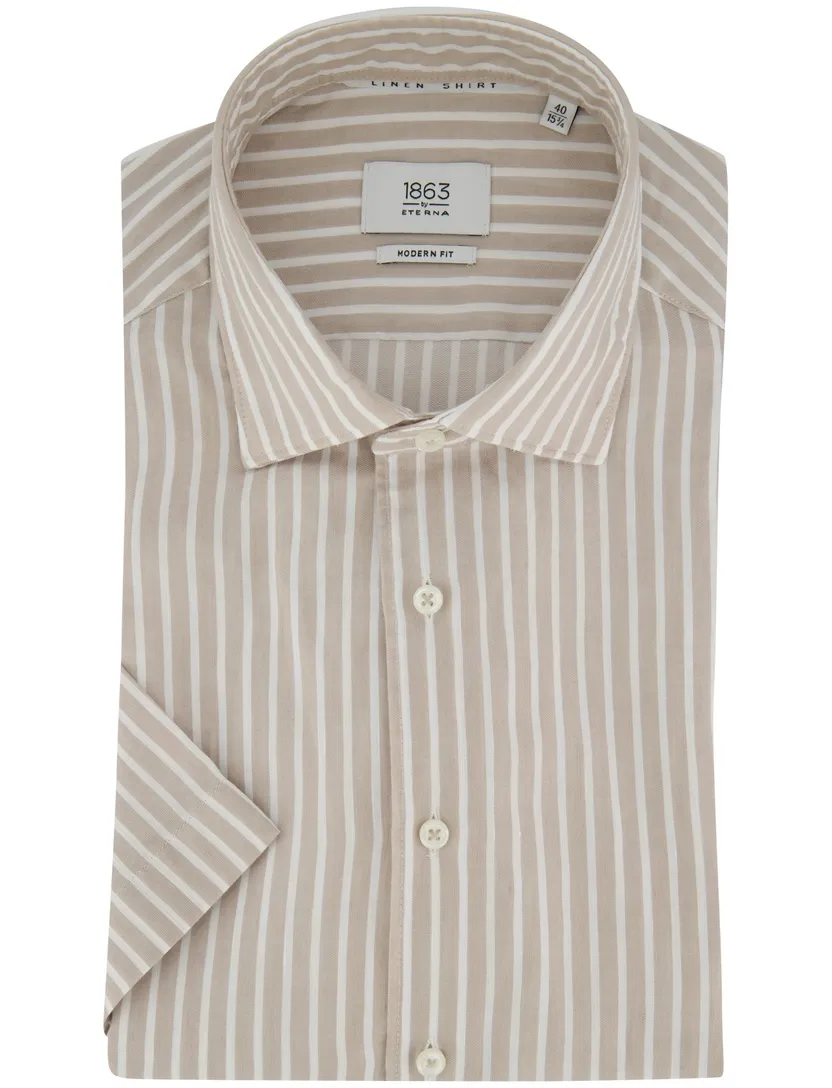 Katoen linnen overhemd beige gestreept Eterna 1863 Modern Fit