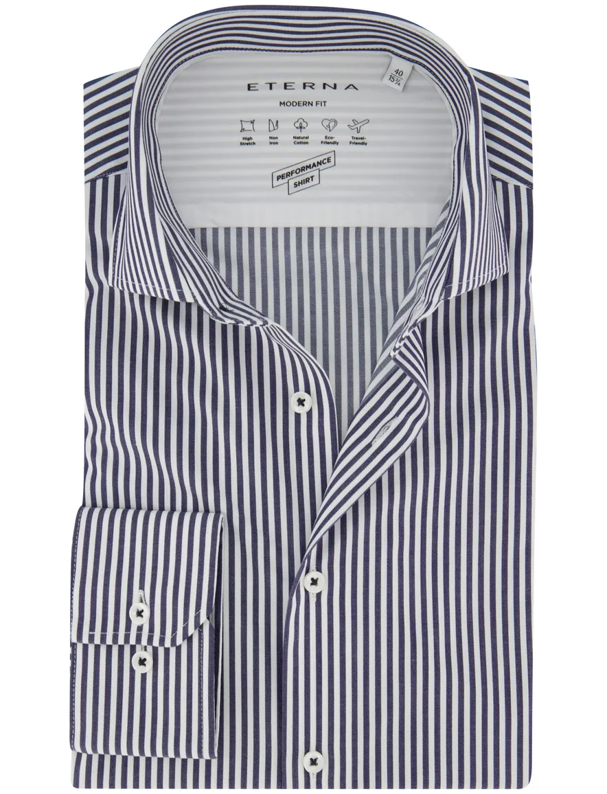 Overhemd Eterna Modern Fit donkerblauw gestreept strijkvrij