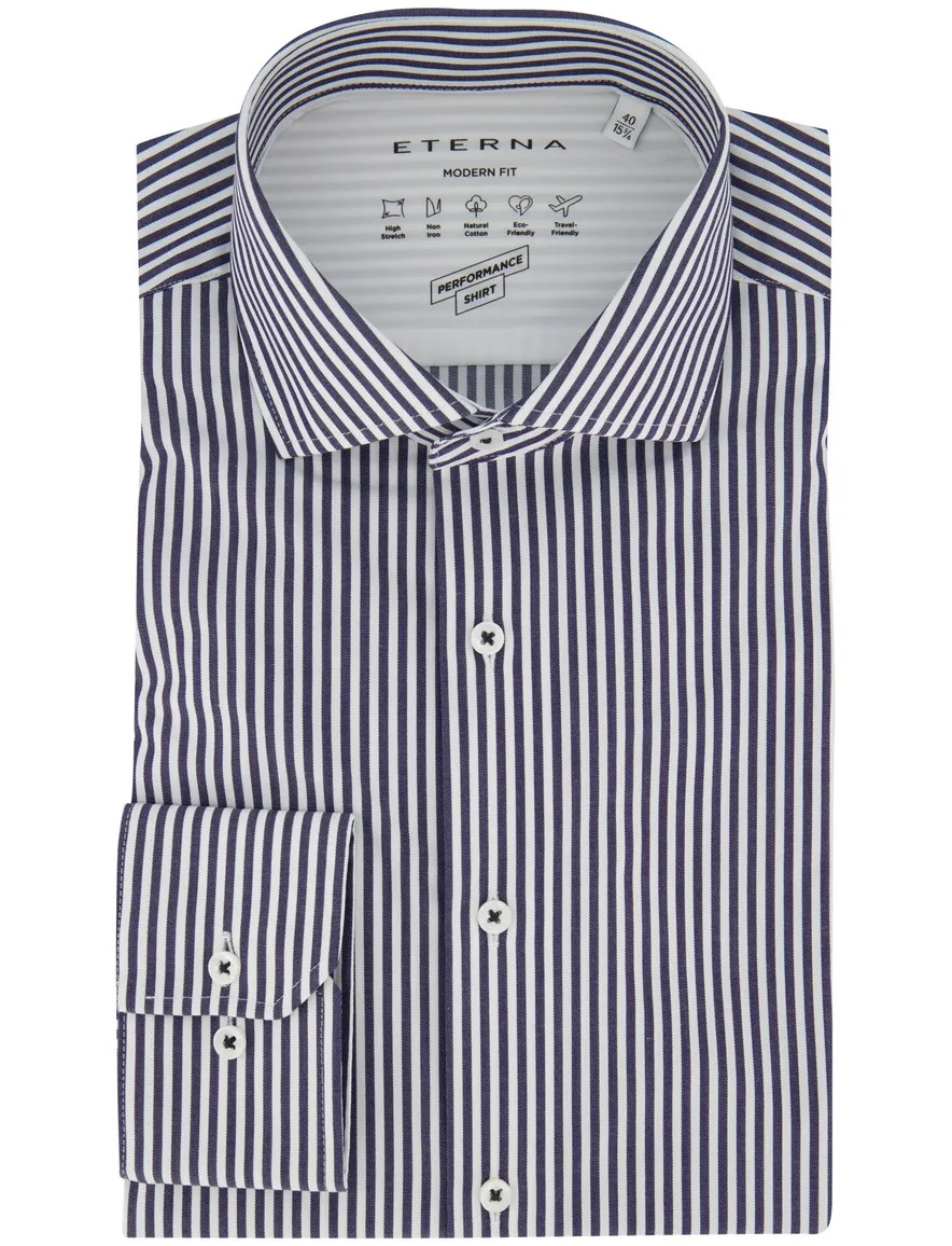 Overhemd Eterna Modern Fit donkerblauw gestreept strijkvrij