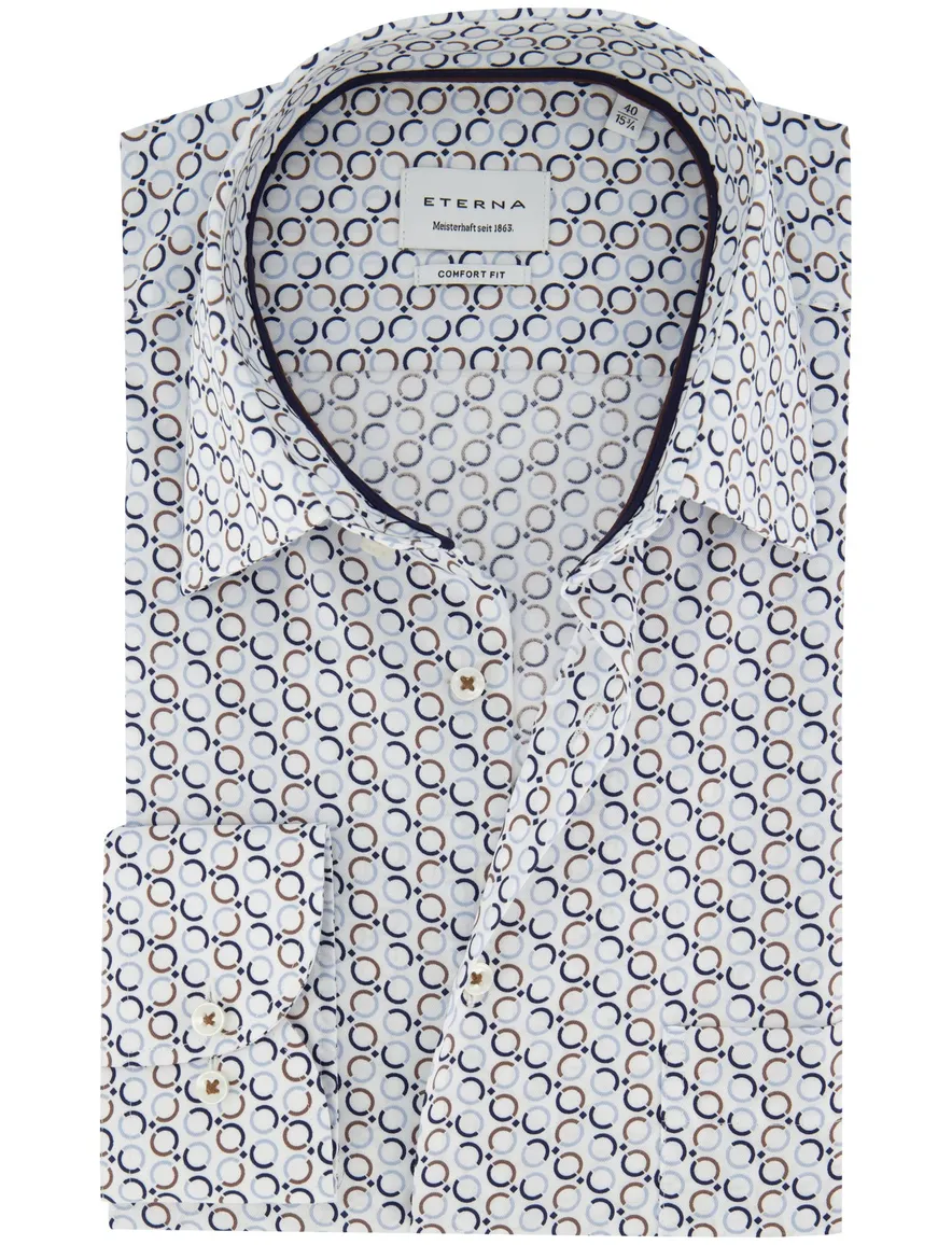 Wijde fit overhemd blauw printje Eterna mouwlengte 7