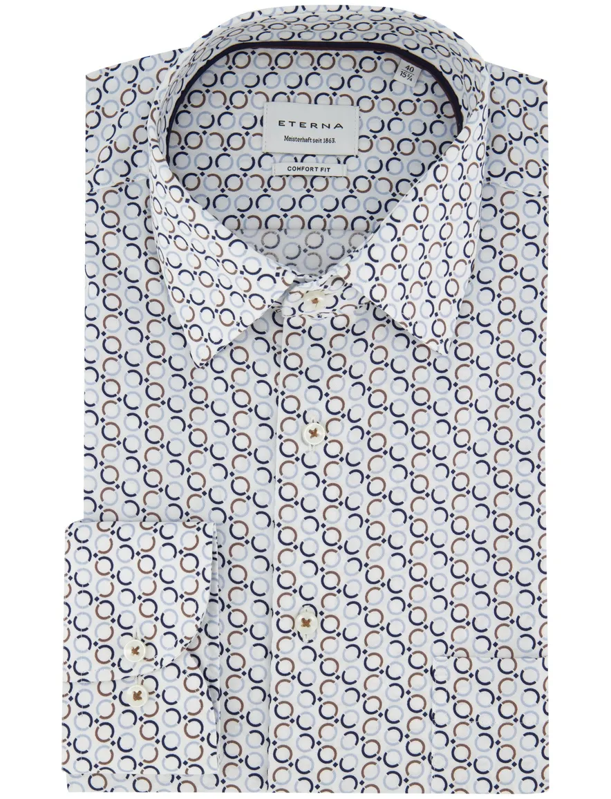 Wijde fit overhemd blauw printje Eterna mouwlengte 7
