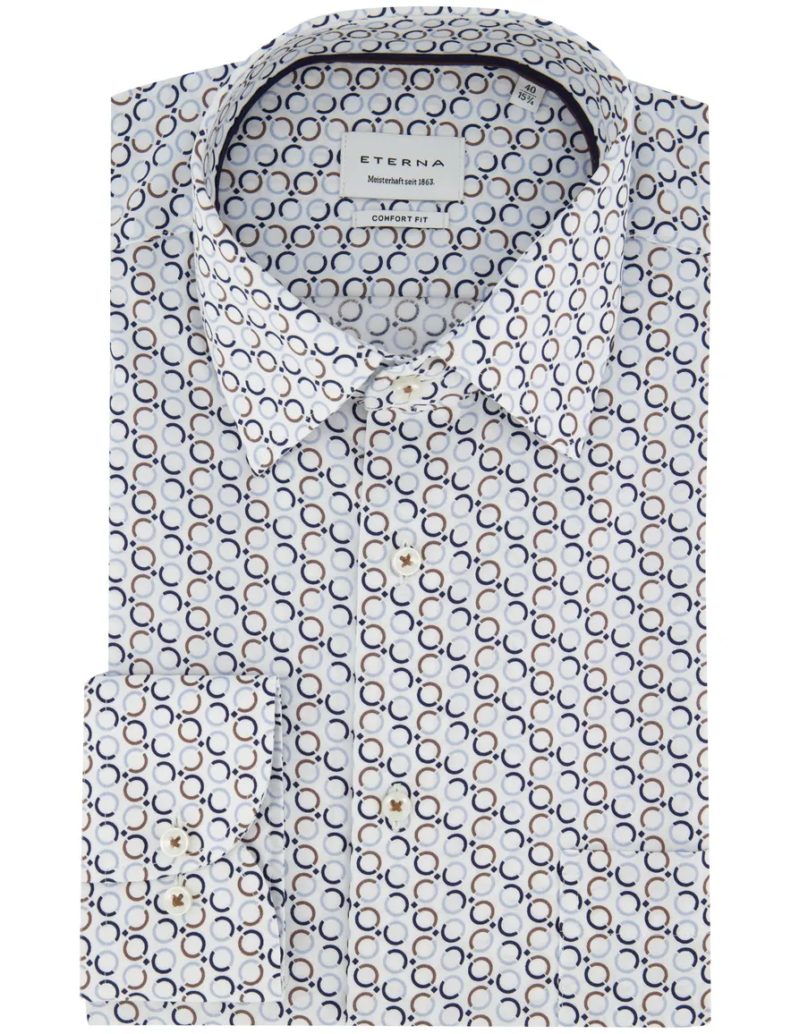 Wijde fit overhemd blauw printje Eterna mouwlengte 7