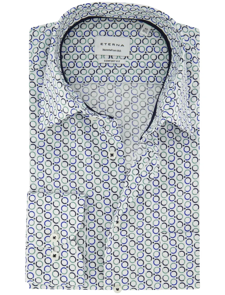 Strijkvrij overhemd blauw geprint Eterna Comfort fit mouwlengte 7