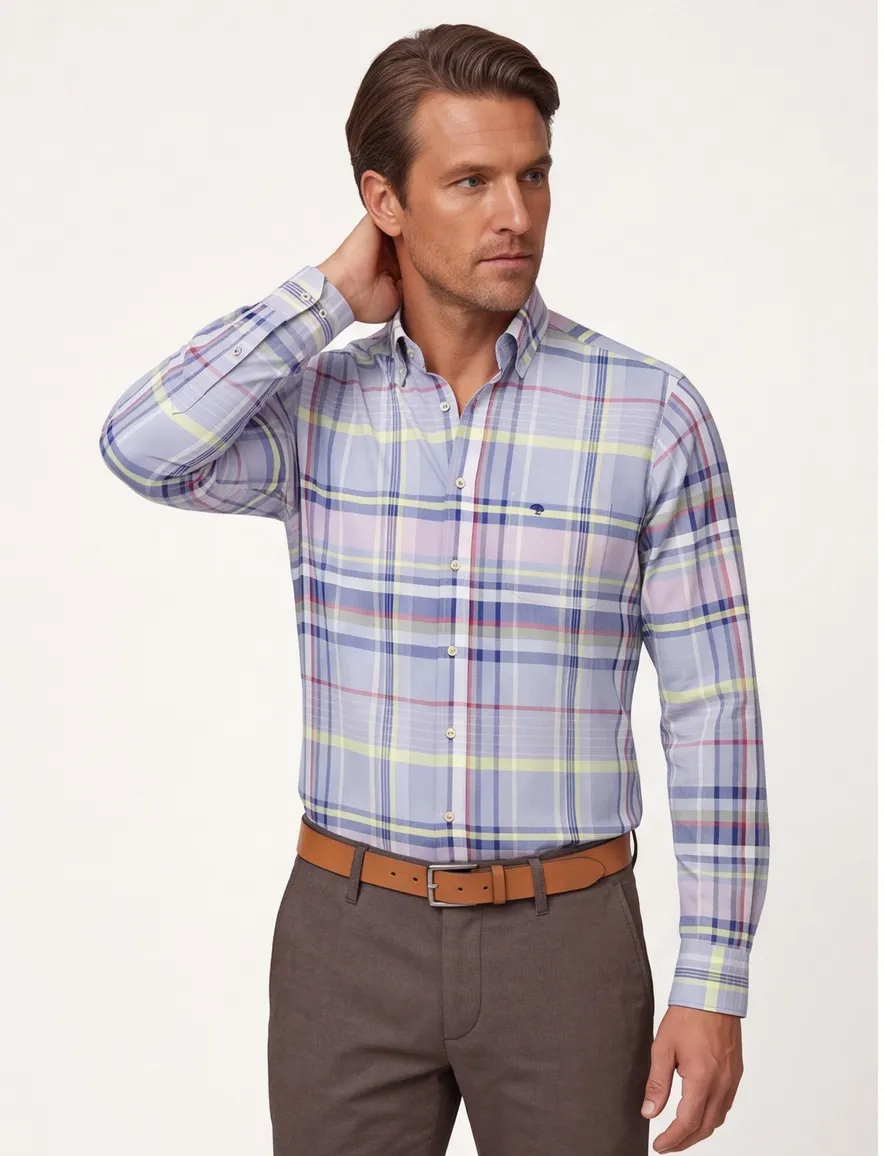Overhemd blauw geruit Fynch Hatton borstzak