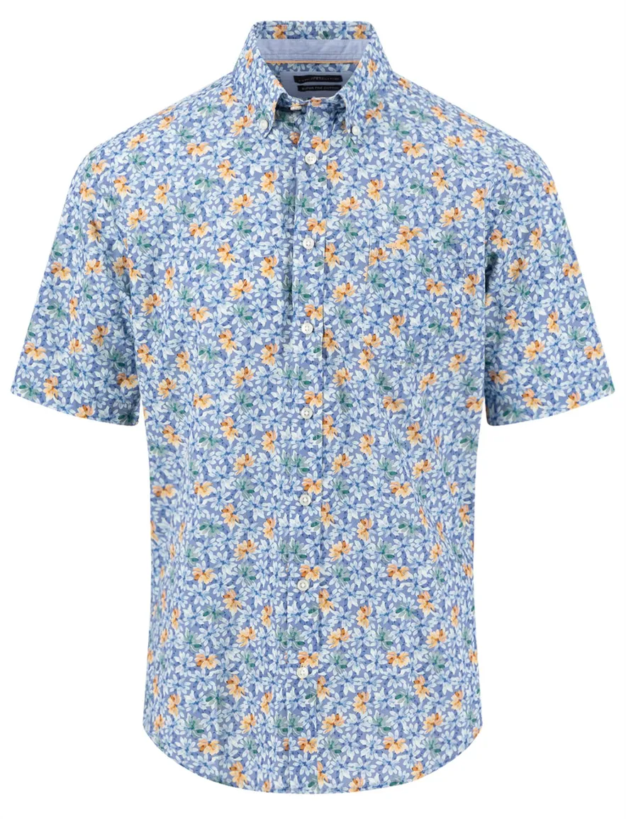 Fynch Hatton overhemd blauw bloemen printje korte mouw