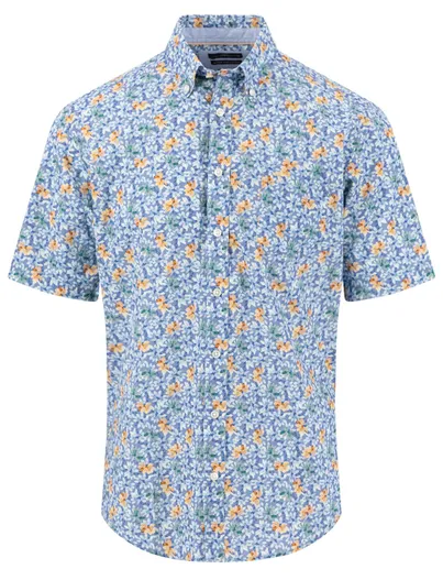 Fynch Hatton Korte mouw overhemd Fynch hatton bloemen blauw met borstzak