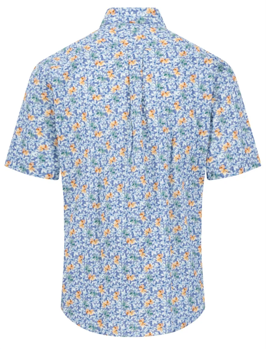 Fynch Hatton overhemd blauw bloemen printje korte mouw