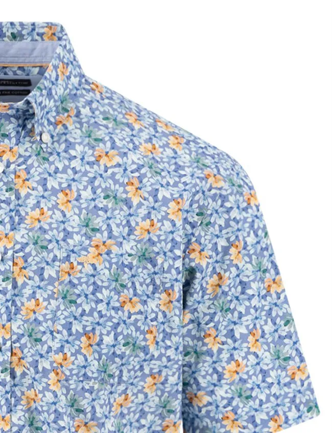 Fynch Hatton overhemd blauw bloemen printje korte mouw