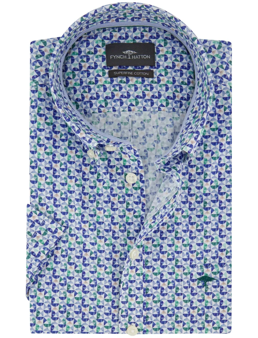 Overhemd Fynch Hatton blauw print korte mouw borstzak