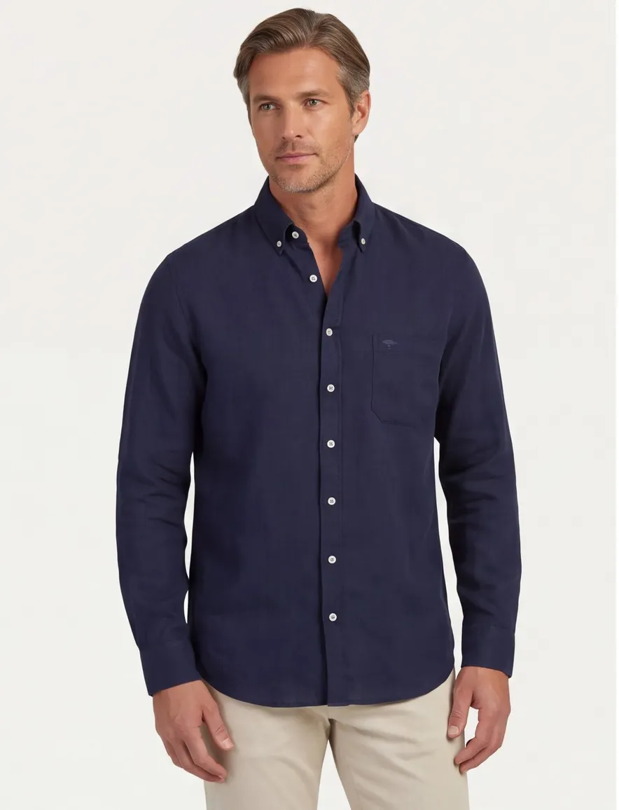 Fynch hatton overhemd donkerblauw met borstzak