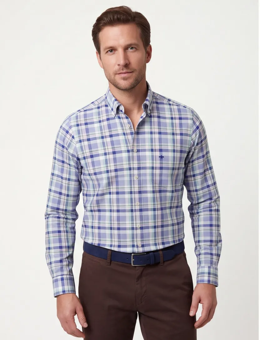 Overhemd geruit Fynch Hatton blauw met borstzak