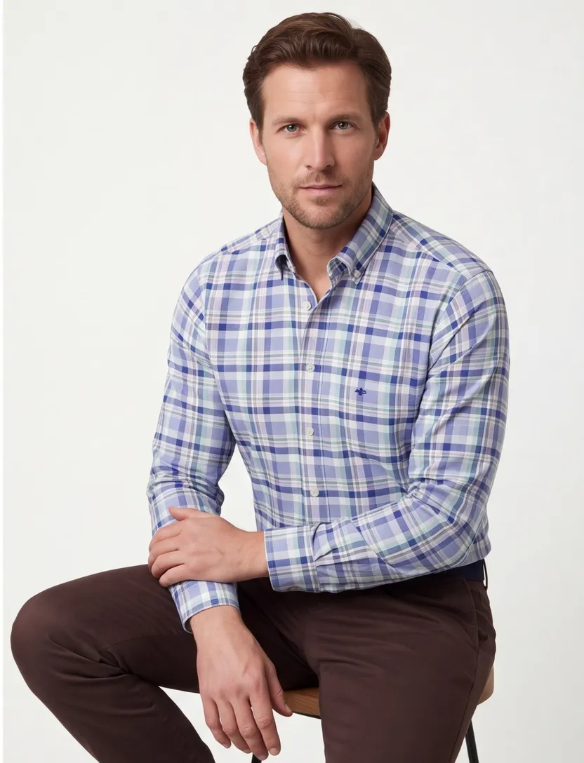 Overhemd geruit Fynch Hatton blauw met borstzak