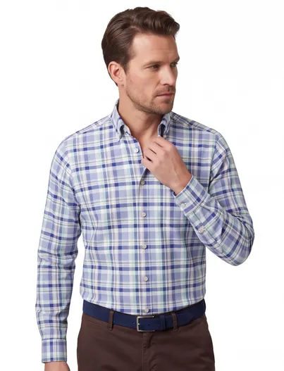 Fynch Hatton Overhemd geruit Fynch Hatton blauw met borstzak
