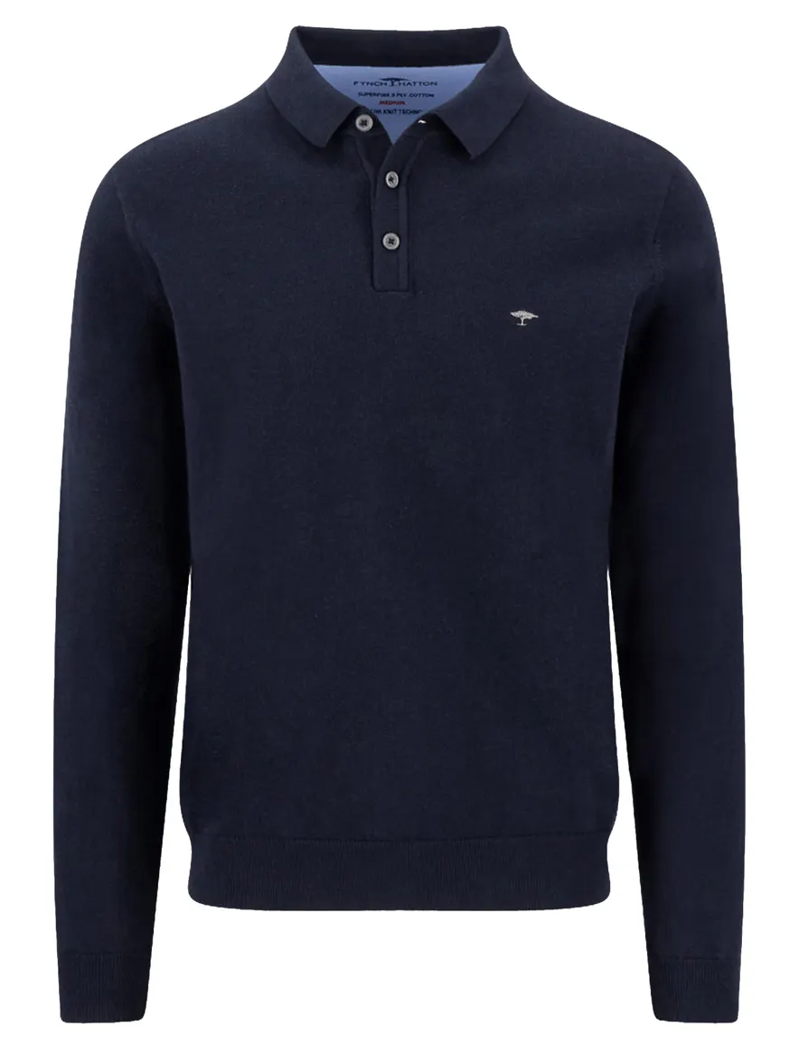 Polo lange mouw Fynch Hatton Superfine navy met boord