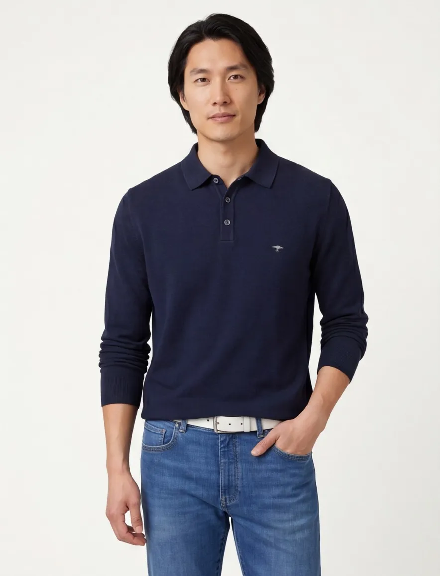 Polo lange mouw Fynch Hatton Superfine navy met boord
