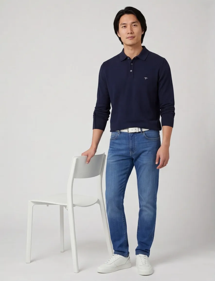 Polo lange mouw Fynch Hatton Superfine navy met boord