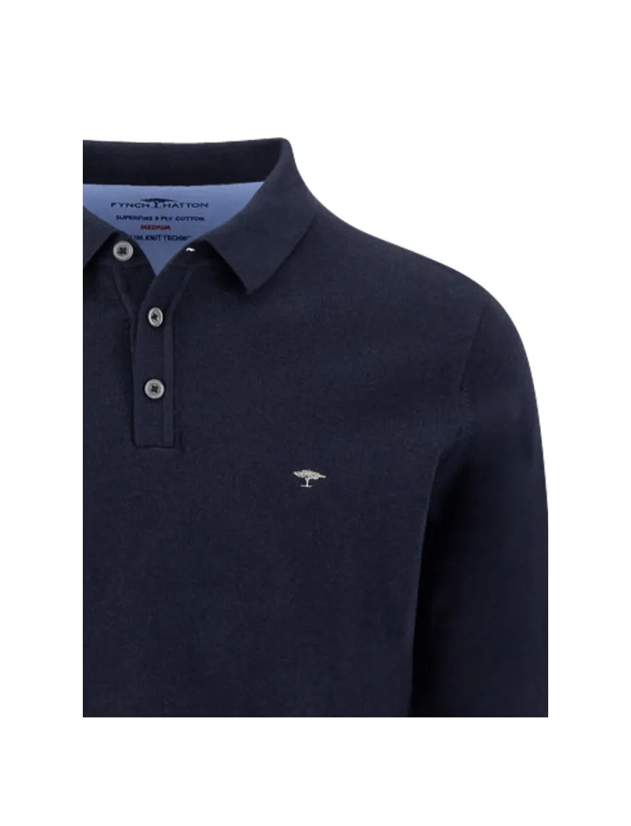 Polo lange mouw Fynch Hatton Superfine navy met boord