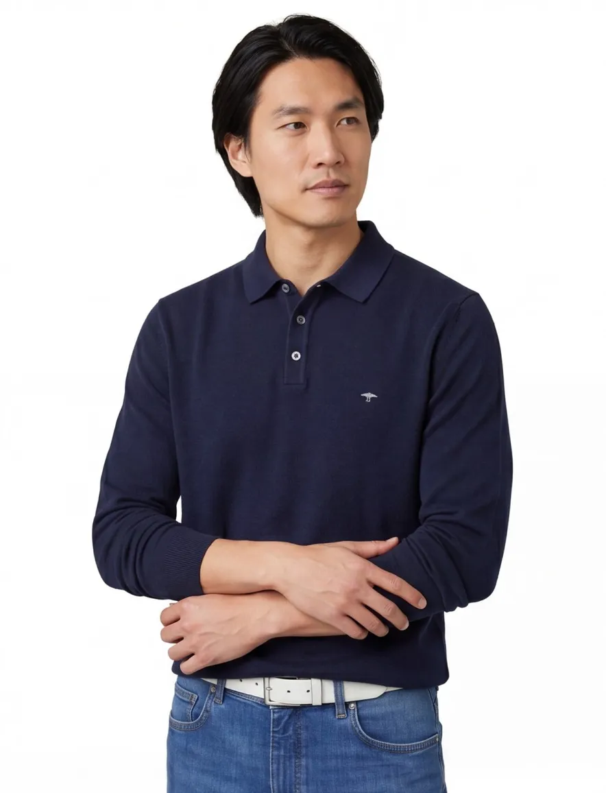 Polo lange mouw Fynch Hatton Superfine navy met boord