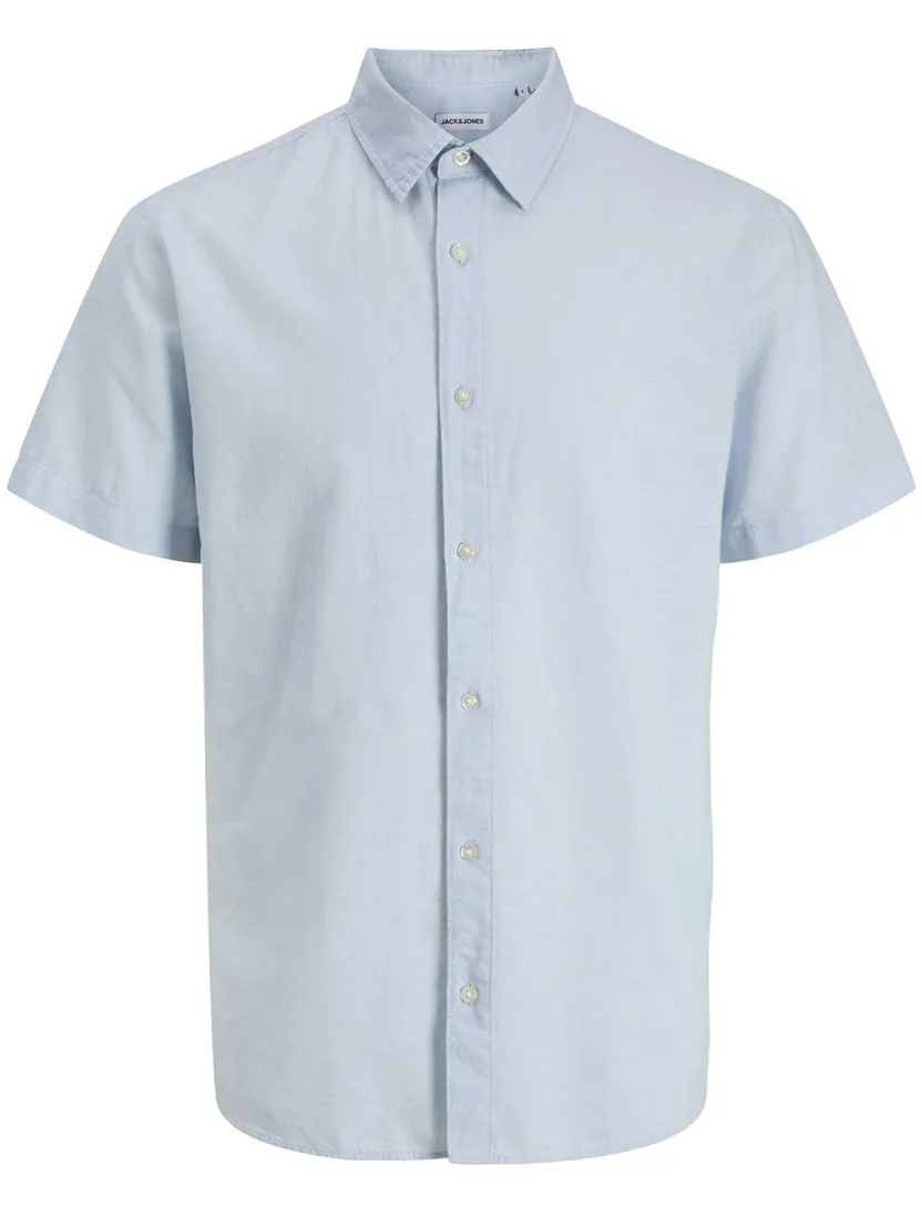 Lichtblauw Jack & Jones overhemd korte mouw plus size linnenblend