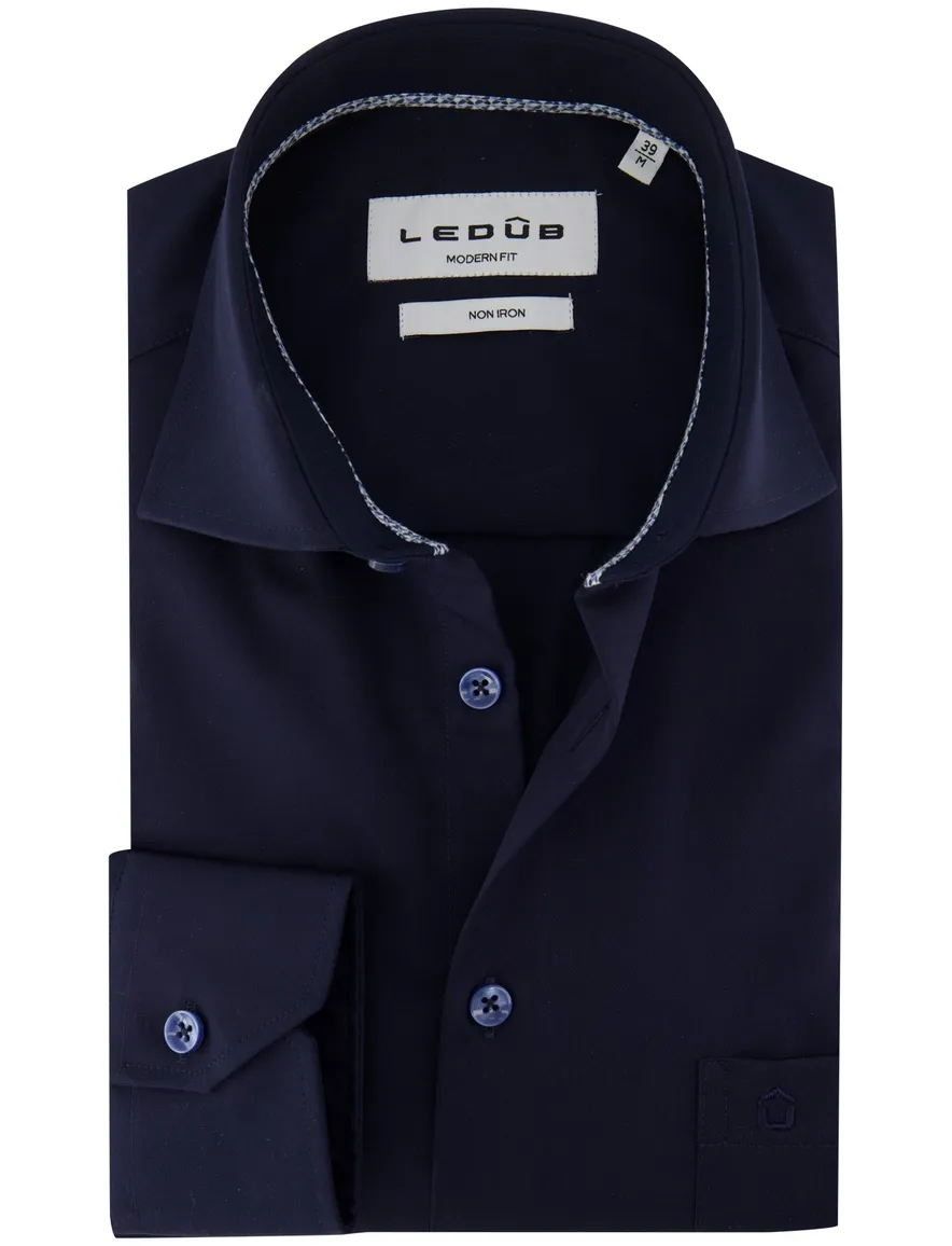 Ledub Modern Fit overhemd donkerblauw effen katoen