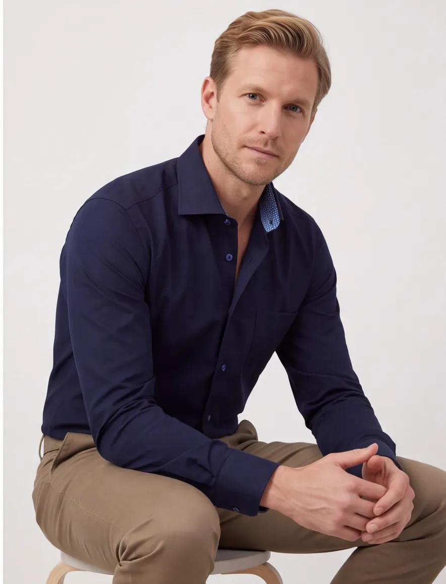 Ledub Modern Fit overhemd donkerblauw effen katoen
