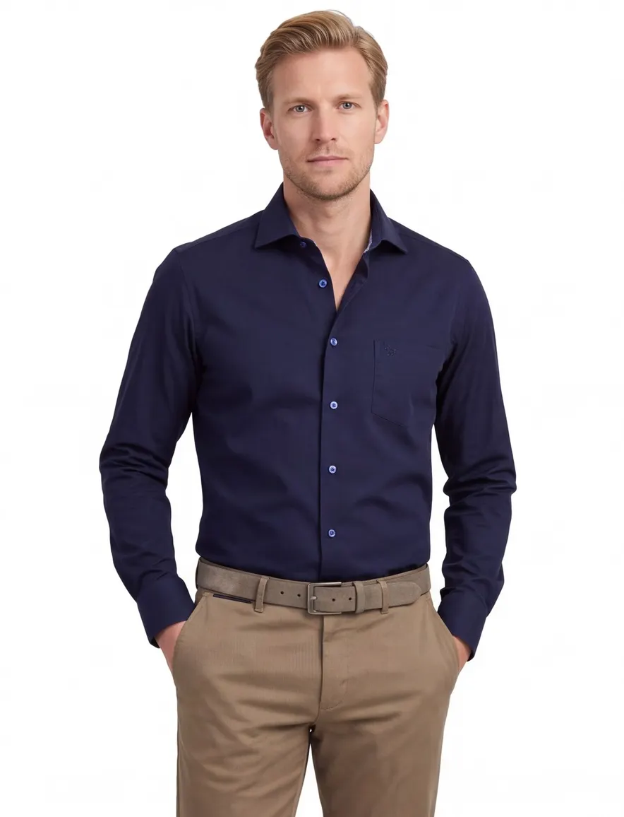 Ledub overhemd donkerblauw strijkvrij