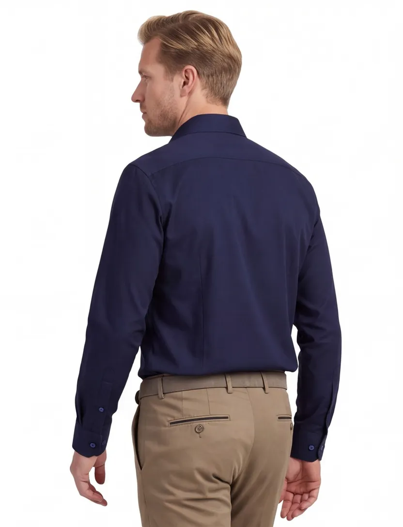 Overhemd donkerblauw Ledub Modern fit katoen wide spread