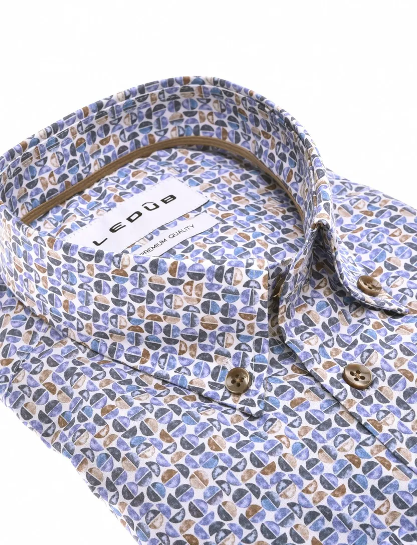 Overhemd blauw Ledub geprint bruin patroon button down